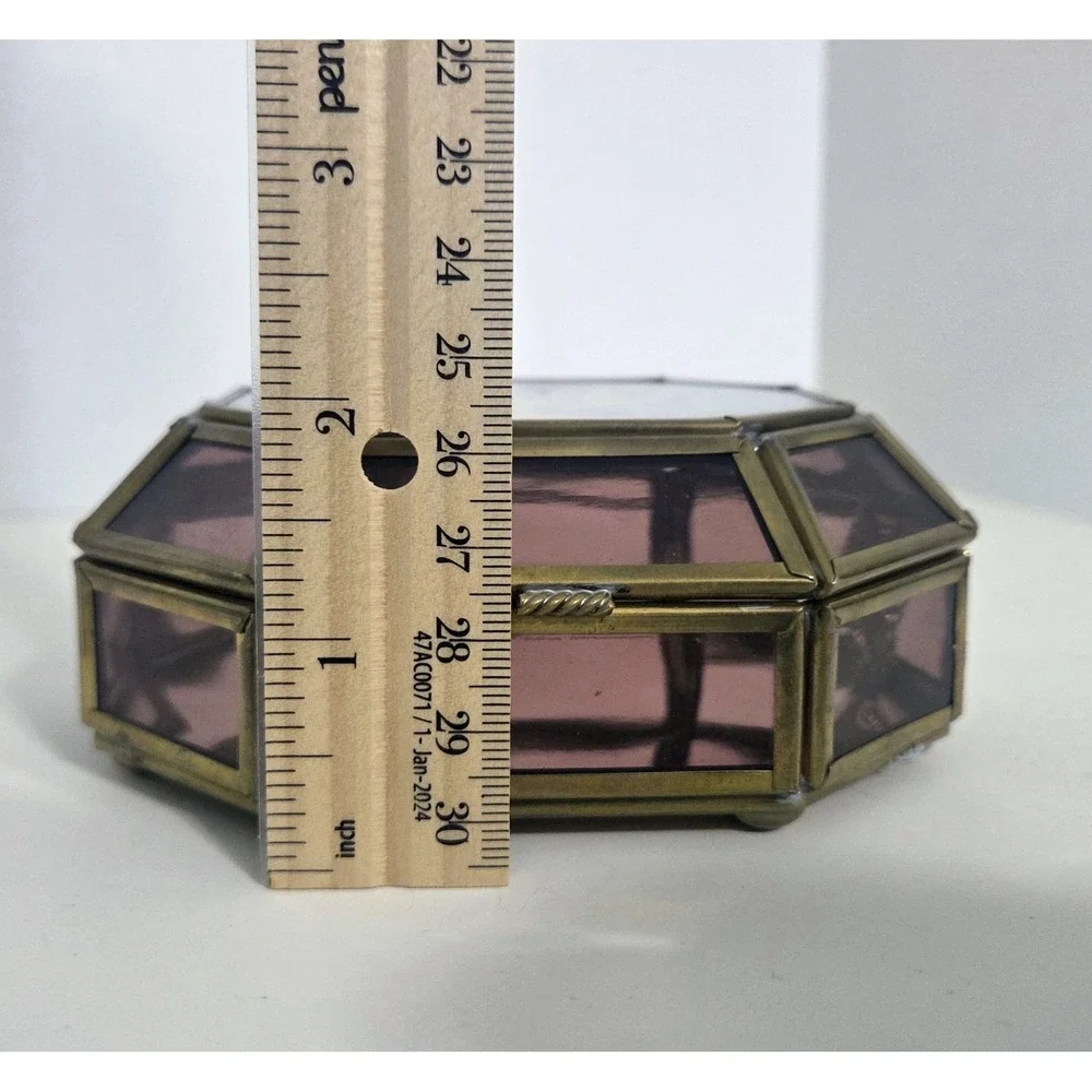 VIVA! Mexico Brass Trinket Box Hinged Purple Glass Panel Hexagonal Vintage Angel